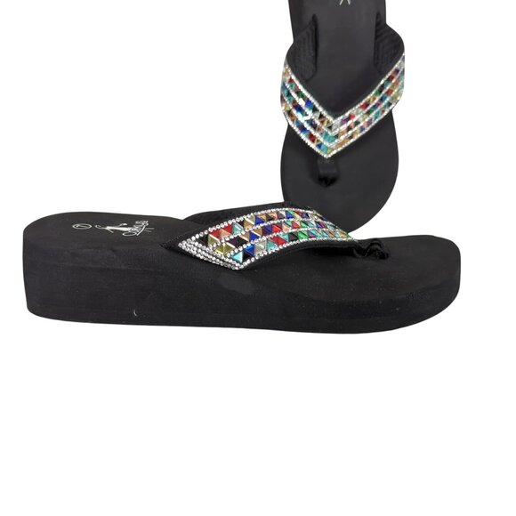 Corkys Clara Jeweled Wedge Platform Sandals Women’s Sz 7 Black Multicolor Rhines - Picture 2 of 10
